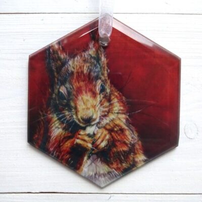 red squirrel glass hexagon suncatcher