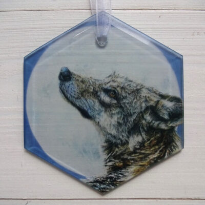 wolf glass hexagon suncatcher with white organza ribbon loop