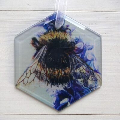 bee suncatcher. Glass hexagon printed with priginal art