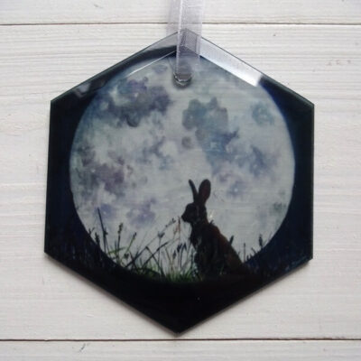 moon and hare suncatcher. Printed glass hexagon