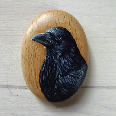 raven corvid art pebble